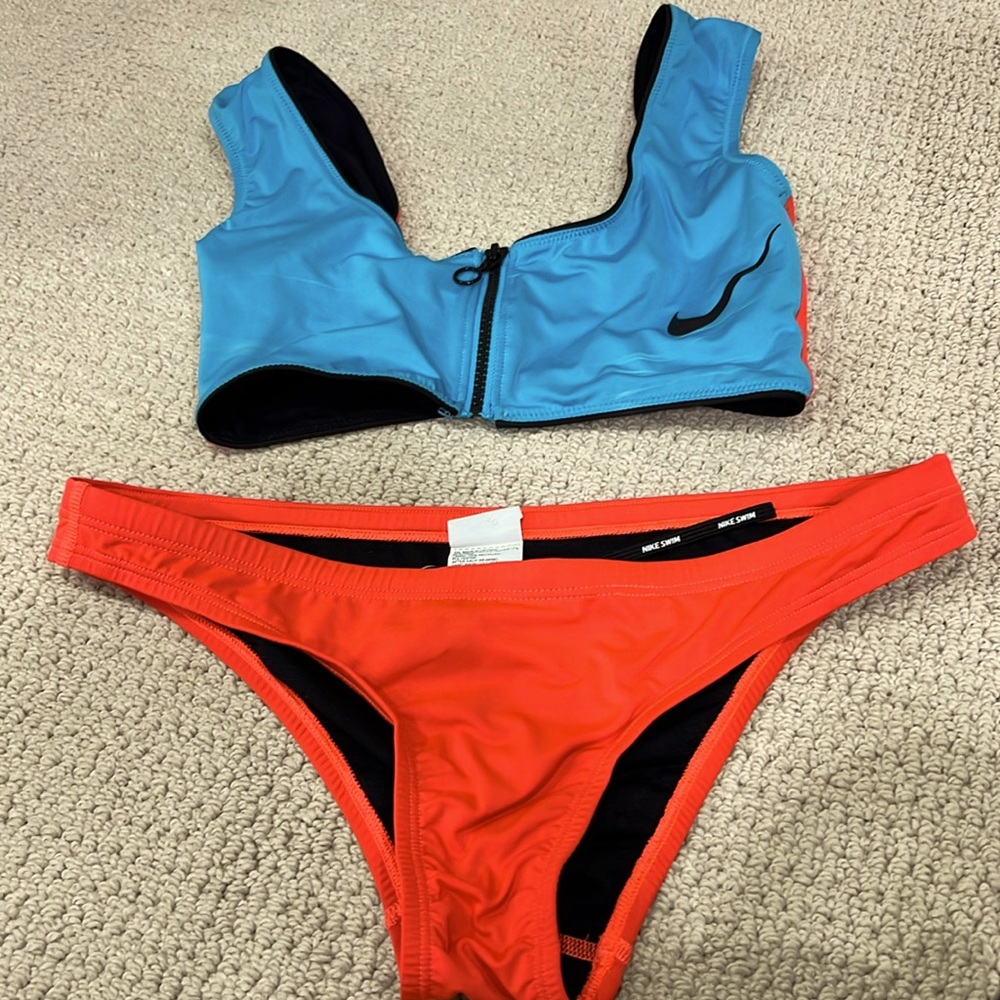 Nike bikini teal blue and orange.  Small top/ Med bottoms